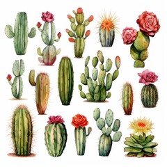Watercolor vector set of cactus and succulent plants isolated on white background.