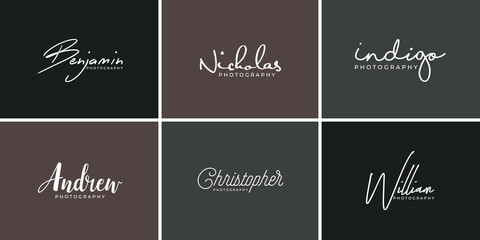 Handwritten photography logo design with camera icon vector template and person name
