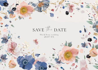 Wedding save the date card, invite. Pastel floral watercolor flowers. Editable vector illustration. Dusty blue, pink anemone, white hydrangea petals, blackberries, golden glitter bouquet wreath, frame
