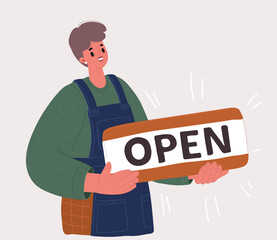Vector illustration of Woman hold open sign in her hands. Small business