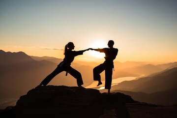 Fototapeta na wymiar Couple practicing martial arts on the top of a mountain. Generative AI