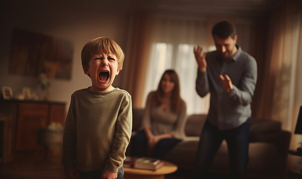 Angry screaming child with desperate parents.Stressed exhausted mother and father feeling desperate about screaming stubborn kid tantrum, upset annoyed parents tired of naughty difficult 