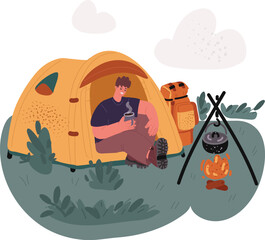 Vector illustration of Man sleeping inside tent Male character in tent in tent dirnk tea. Hikking concept