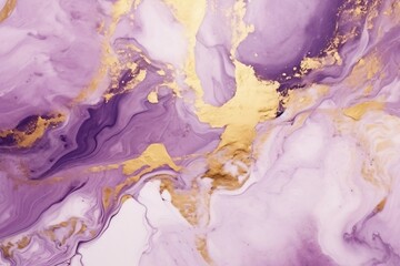 Fototapeta premium 白背景にアルコールインクアート風の紫の流動体と立体的な金色の装飾がある抽象背景。AI生成画像