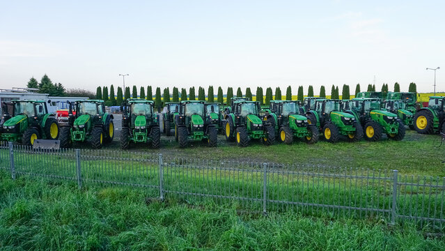 Wola Piasecka, Poland - May 21, 2023: The Powerful tractors at John Deer store.