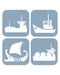 Obraz premium Collection of ship icons. Oil tanker, Small fishing vessel,Antique ship, Gas carrier.