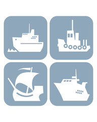 Collection of ship icons. Icebreaker, Harbor Tug, Medieval Ship, Cruise Liner.