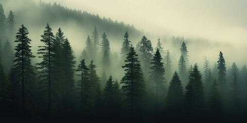 AI Generated. AI Generative. Adventure outdoor nature mist fog clouds forest trees landscape background wild explore. Graphic Art