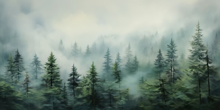 AI Generated. AI Generative. Adventure outdoor nature mist fog clouds forest trees landscape background wild explore. Graphic Art © AkimD