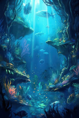 Underwater life with coral reefs and fishes background, under the sea landscape, ocean theme design created with Generative AI.