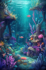 Obraz na płótnie Canvas Underwater with vibrant coral reefs and fishes background, under the sea landscape, ocean theme design created with Generative AI.