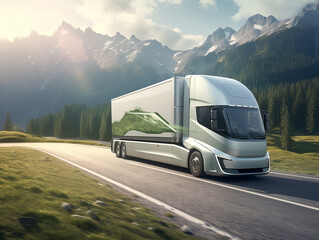 Modern eco truck makes transportation along a mountain road against the backdrop of wind farms. The concept of profitable and economical transportation. Generative AI.