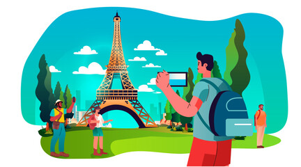 tourists taking photo in front of landmarks in travel journey on holidays vacation people in summer tour concept
