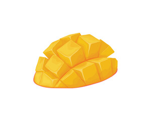 Mango. Juicy ripe mango sliced into pieces. Juicy tropical fruit. Sweet vegetarian product. Vector illustration isolated on a white background