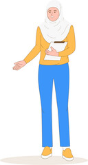 Businesswoman in presenting gesture and holding document, flat cartoon character vector
