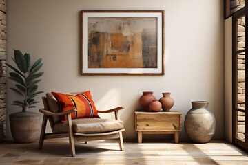 One armchair placed in a room with white walls and a stylish framed poster. Modern style living room interior design. Created with generative AI
