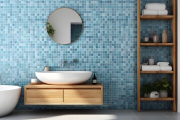 Fototapeta na wymiar interior design of a modern bathroom with a wall, mirror and washbasin. created generative AI.