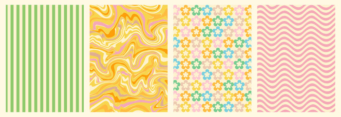 Groovy backgrounds set. Retro groovy texture. 60s and 70s style. Hippie backgrounds. Psychedelic funky abstract. Groovy poster template. Nostalgia for the 70s.