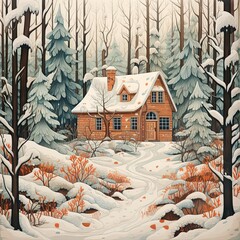 A snowy forest cabin with trees in the background. (Illustration, Generative AI)