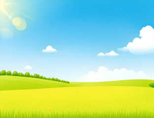  It's summer time. Summer or spring landscape for design banner, ticket, leaflet, card, poster and so on. Green grass and flowers scenery.