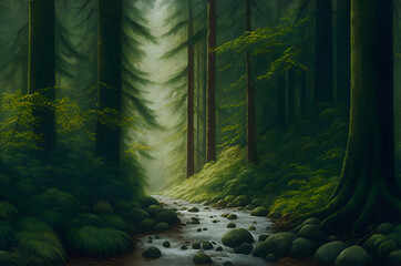 Obraz premium Paintings pine forest landscape, fine art, picture. Oil paintings landscape, river. The art. Digital paint. Beautiful landscape with river and trees. Beautiful big trees