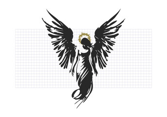Vector black ink silhouette of an angel lady with halo and wings. The Coming of the Goddess. Religious and cultural illustration.