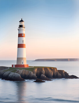 Lighthouse in the morning sea shore, beacon building at scenery nature ocean landscape. Nautical seafarer on rocky coast. Marine sailing light, illustration style.