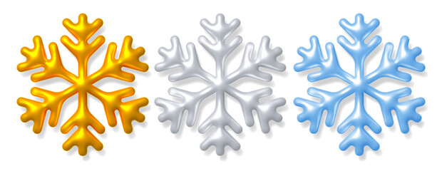 3d realistic snowflakes set. Gold, silver and light blue color, with shadow. Glossy and shiny plastic style, Christmas and New Year holiday decorations. Vector illustration