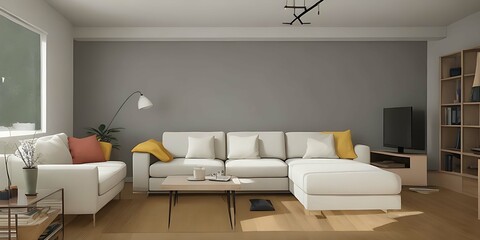 Empty living room with sofa in simple living room interior. Blank horizontal poster frame mock up in scandinavian style living room interior, 3d rendering