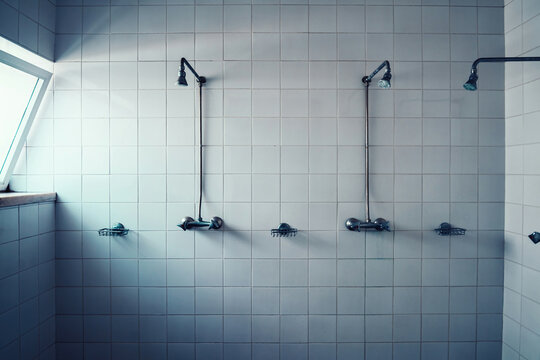 Public empty shower room with white tiles in a gym with light coming from window