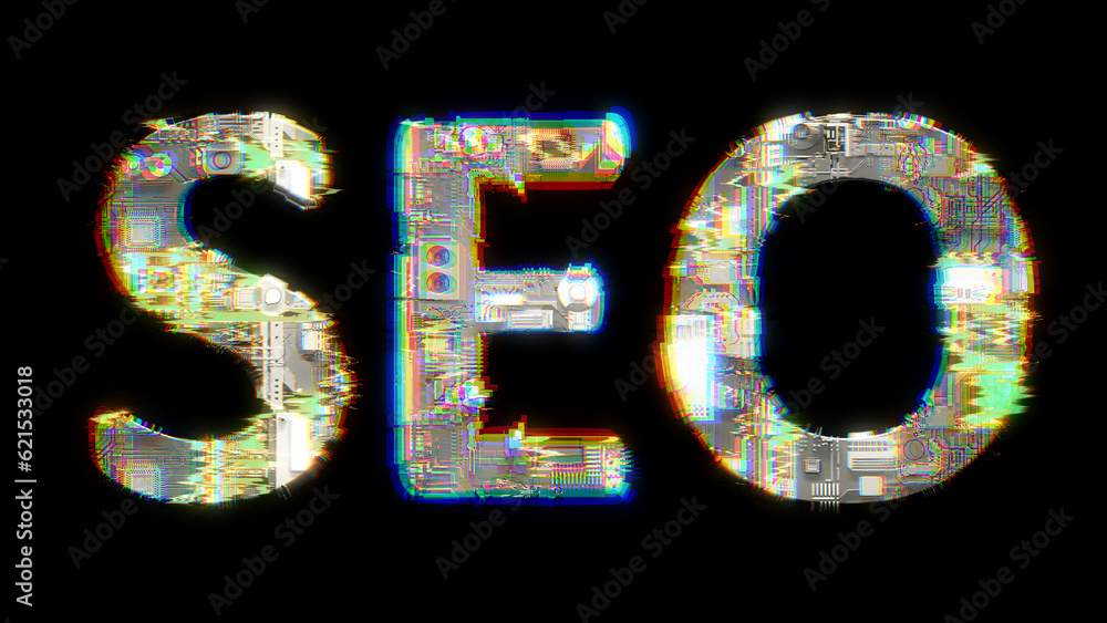 Poster glitch and chromatic aberrance cybernetical text seo on black, isolated - object 3d rendering