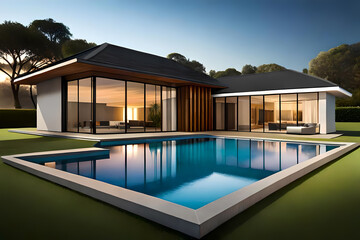 Fototapeta premium Modern house with pool in the evening