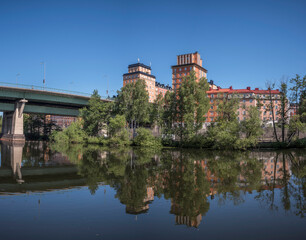 Fototapeta na wymiar Twin towers at the bridge St Eriksbron at the canal Karlbergskanalen, a sunny summer day in Stockholm