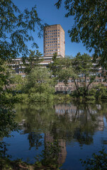 Obraz premium Skyscrapers office at the canal Karlbergskanalen, a sunny summer day in Stockholm, 