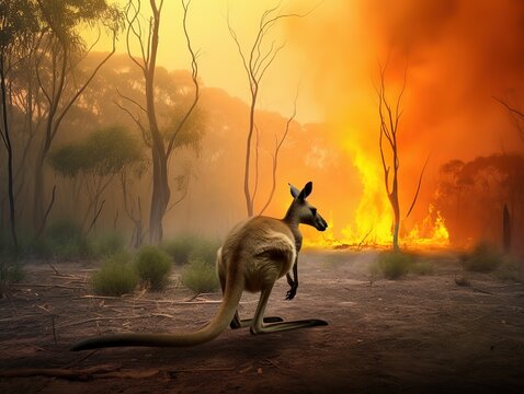 Kangaroo Running From Jungle Fire, Bushfire In Australia Forest, Ai Generative