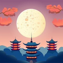 pagodas against a moon backdrop, sunrise or sunset.