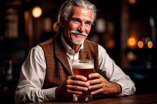 german man with a glass of lager beer at the bar. generative ai