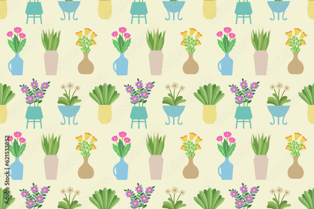 Poster flowers in a vases seamless pattern. endless repeating pattern with bouquets in different vases.