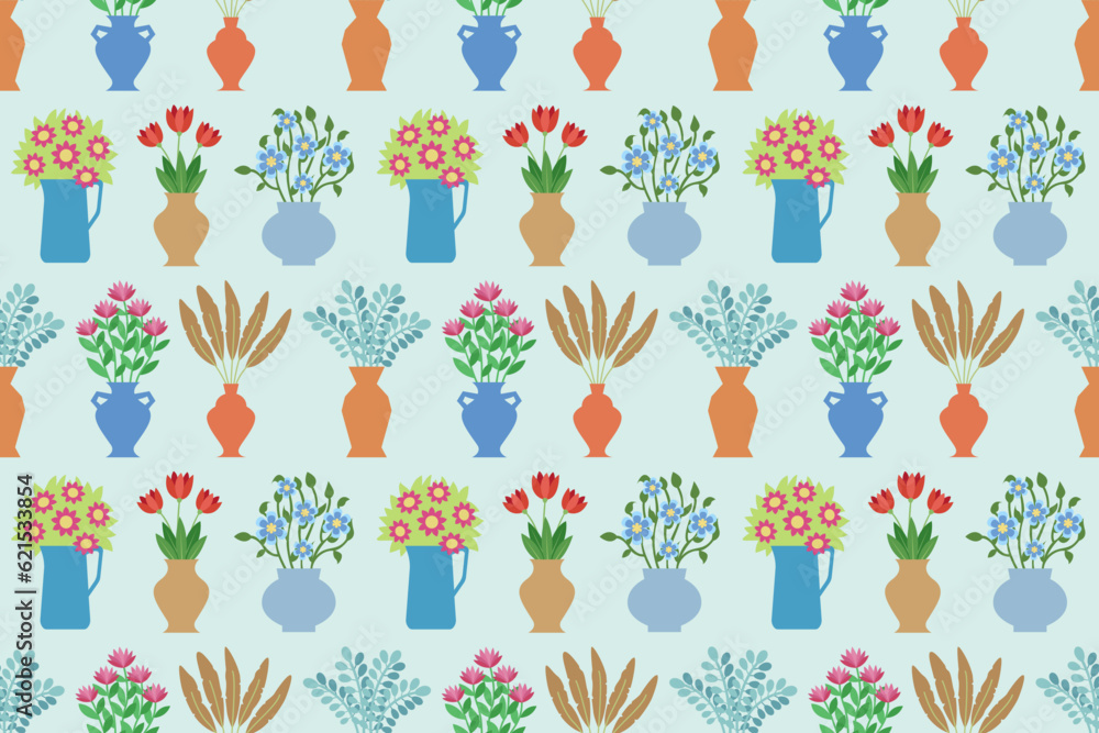 Poster flowers in a vases seamless pattern. endless repeating pattern with bouquets in different vases.