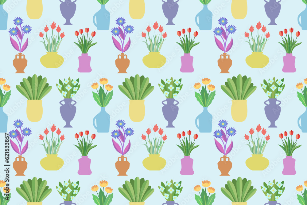 Poster flowers in a vases seamless pattern. endless repeating pattern with bouquets in different vases.