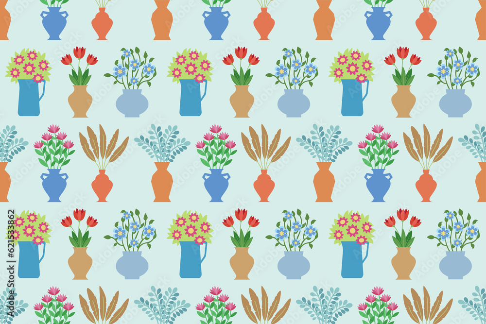 Poster flowers in a vases seamless pattern. endless repeating pattern with bouquets in different vases.