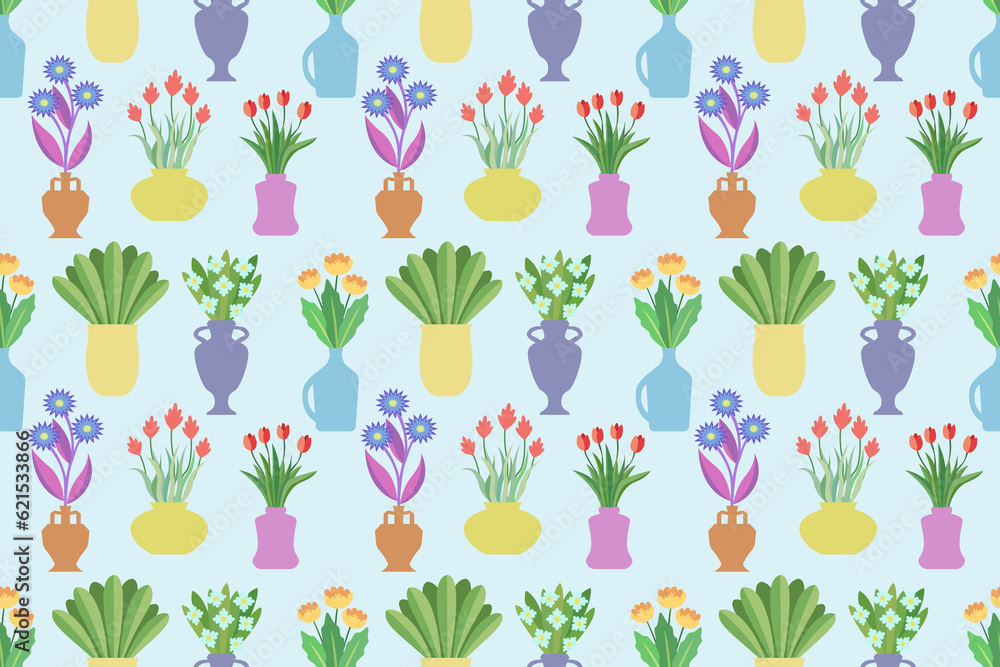 Poster flowers in a vases seamless pattern. endless repeating pattern with bouquets in different vases.