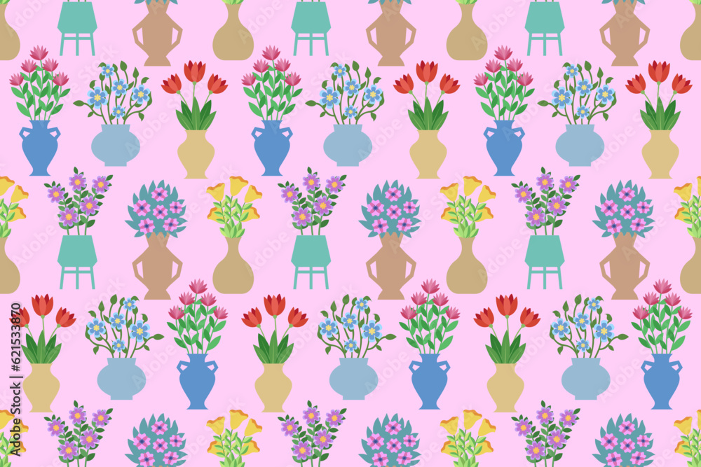 Poster flowers in a vases seamless pattern. endless repeating pattern with bouquets in different vases.