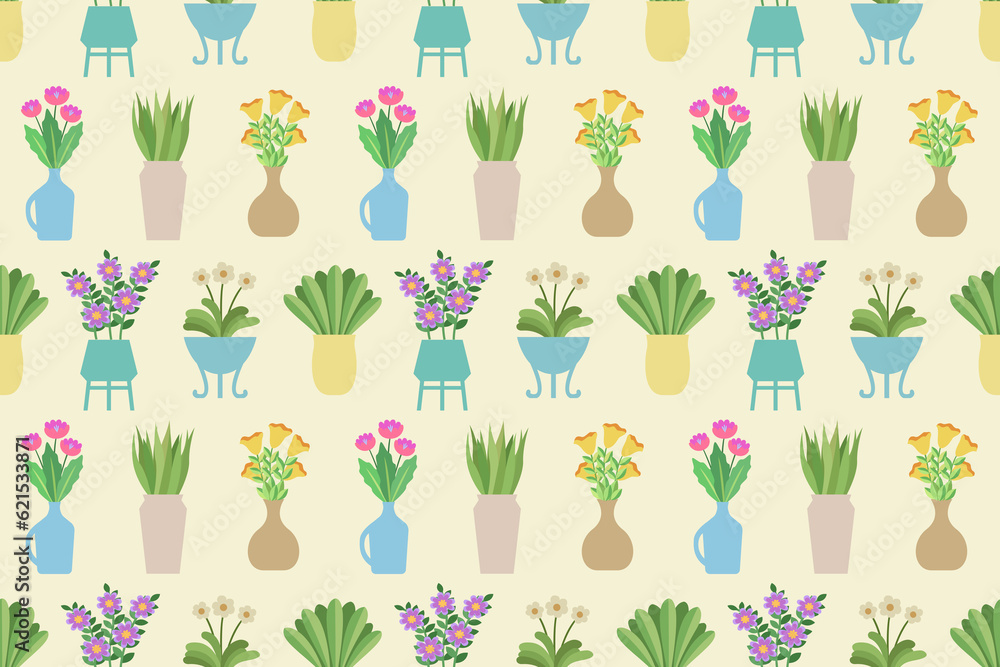 Poster flowers in a vases seamless pattern. endless repeating pattern with bouquets in different vases.