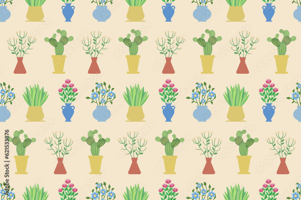 Poster flowers in a vases seamless pattern. endless repeating pattern with bouquets in different vases.