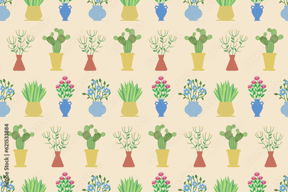 Poster flowers in a vases seamless pattern. endless repeating pattern with bouquets in different vases.