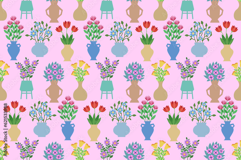 Poster flowers in a vases seamless pattern. endless repeating pattern with bouquets in different vases.