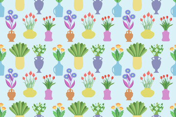 flowers in a vases seamless pattern. Endless repeating pattern with bouquets in different vases. 