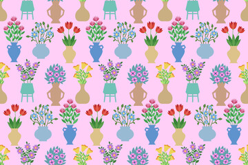 flowers in a vases seamless pattern. Endless repeating pattern with bouquets in different vases. 