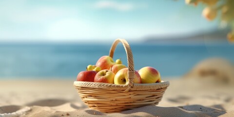 Picnic with peach on beach sand holiday background. AI Generated